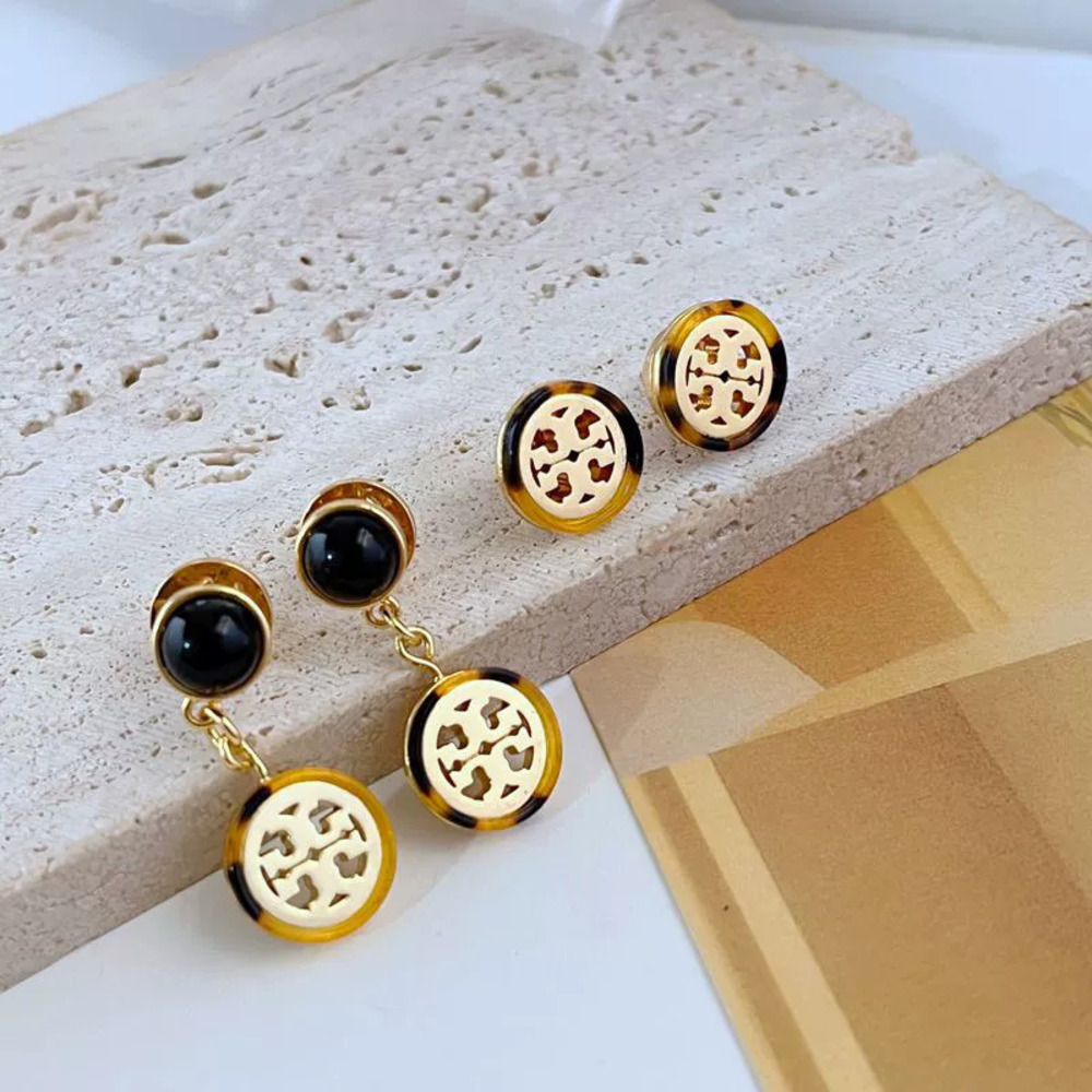 Tory Burch Acrylic Hollow Letter Metal Stud Drop Earrings